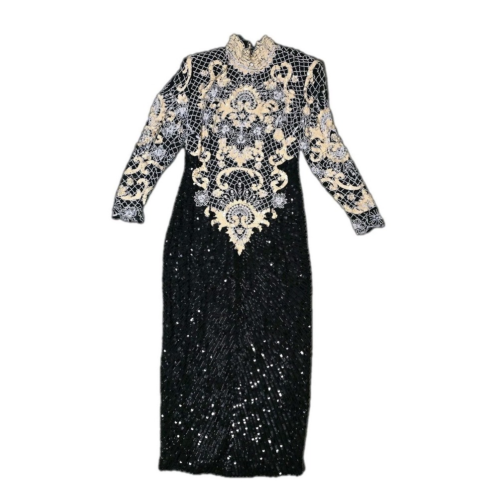 Black Tie Vintage Beaded / Sequin Gown, Lattice Floral Pattern, Elegant, Silk